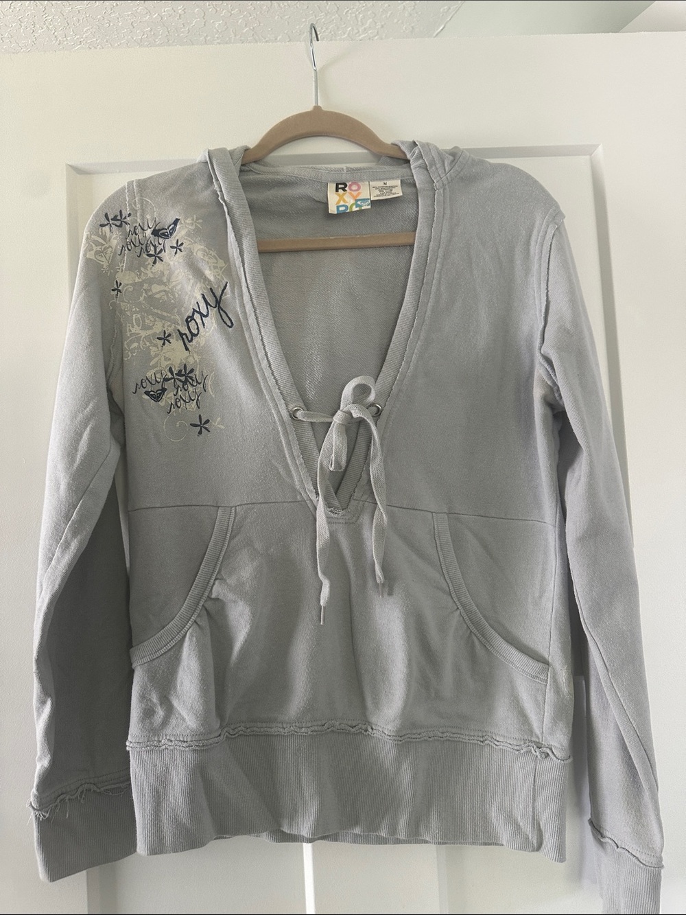 Roxy Light Gray Tie-Front Hooded Pullover with Floral Detail